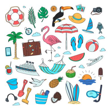 Elle çizilmiş renkli plaj nesneleri kümesi. Vektör yaz seyahat doodle arka plan illüstrasyon yazı ile öğeleri koleksiyonu