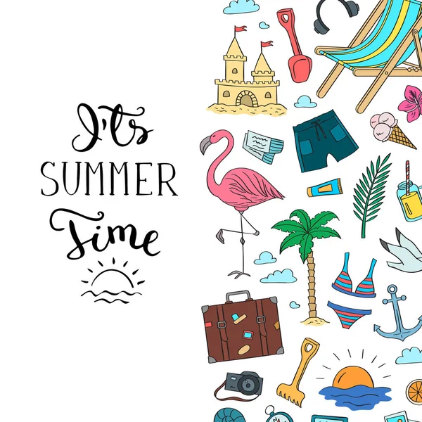 Kézzel rajzolt objektumok színes strand. Vektor nyári utazási doodle elemek háttér helyét szöveg és betűk — Stock Vector
