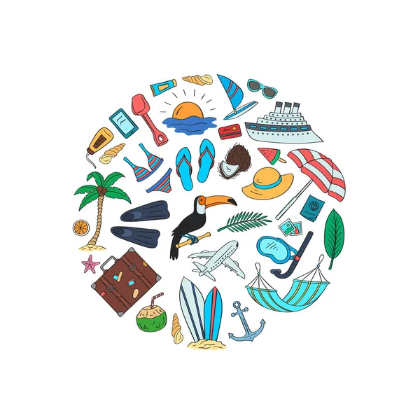 手绘彩色沙滩物体在圆圈形状。矢量夏日旅行涂鸦元素背景插图 — 图库矢量图片