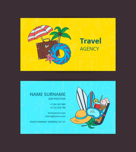 Objets de plage dessinés à la main. Vector summer travel doodle elements illustration de modèle de carte de visite pour agence de voyage ou magasin d'accessoires de plage — Image vectorielle