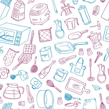 Vektör mutfak eşyaları simgeleri arka plan veya desen illüstrasyon doodle. Mutfak Eşyası ve ev aksesuarları öğeler