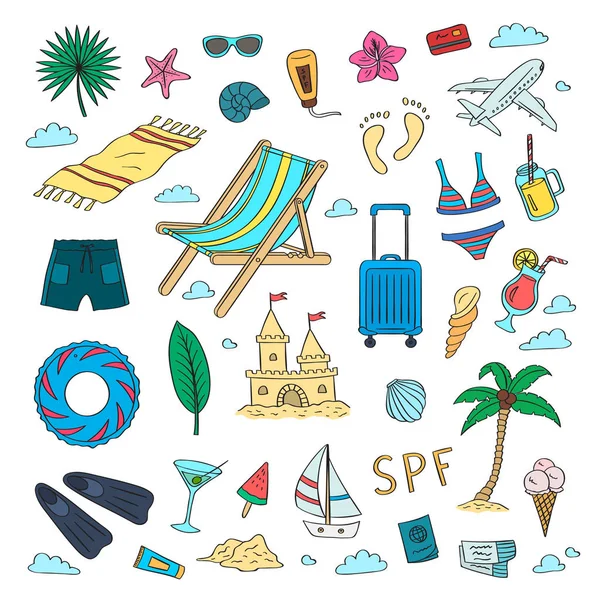 Soubor ručně kreslené barevné beach objekty. Vektor letní cestování doodle prvky kolekce s nápisy pozadí obrázku — Stockový vektor