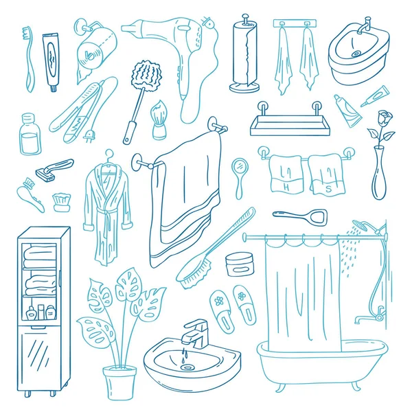 Vector dibujado a mano doodle conjunto de elementos de baño aislados sobre fondo blanco — Vector de stock