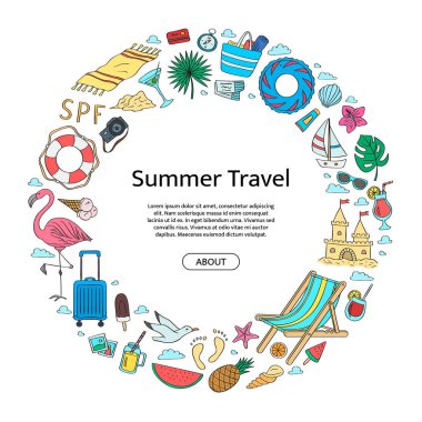 El çekilmiş renkli plaj merkezi metin nesneleri ile daire şeklinde yerleştirin. Vektör yaz seyahat doodle öğeleri arka plan illüstrasyon