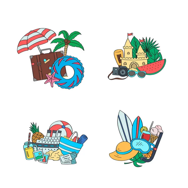 Set di pile di oggetti da spiaggia colorati disegnati a mano. Illustrazione degli elementi scarabocchi di viaggio estivi vettoriali — Vettoriale Stock