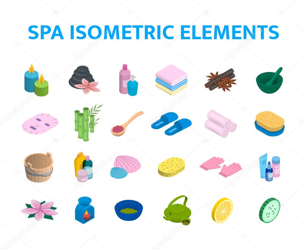 Vector isometric icons spa elements set. 3d realistic spa and massage salon objects collection. Candles, skincare, facial mask, aromalamp and bamboo