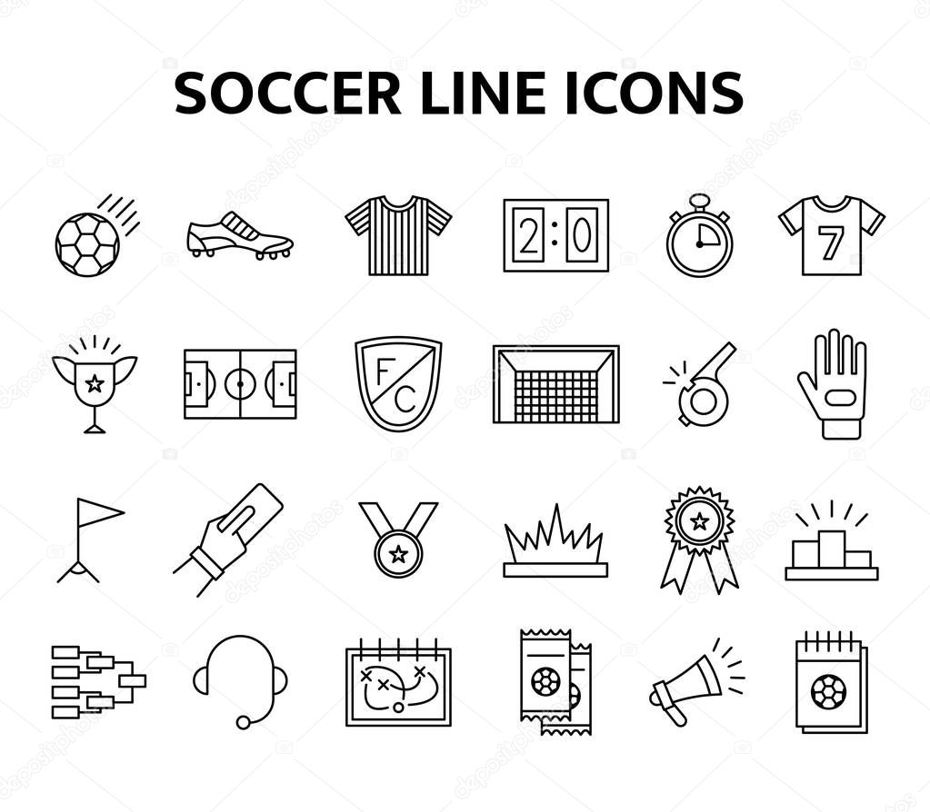 Vector soccer line icons set. European football elements isolated on white background illustration. Football championship cup, gate, field, medal and tickets objects. Soccer linear theme collection