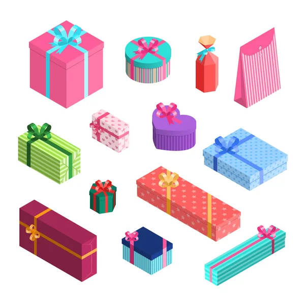 Vector isometrische gift boxes set met linten en buigt in inpakpapier. Cadeautjes verpakt in geweven inpakpapier met strepen, sterren en harten — Stockvector