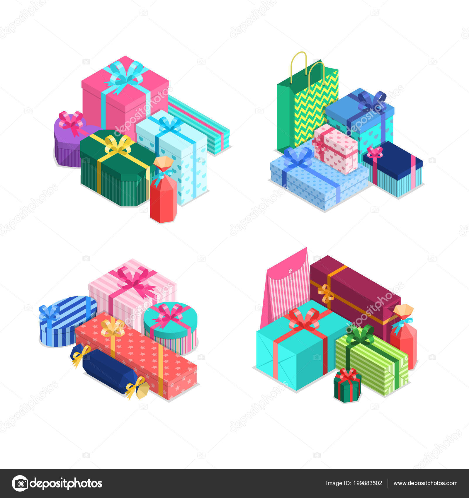 Vector Isometric Gift Boxes Piles With Ribbons And Bows In Vector Isometric Gift Boxes Piles With Ribbons And Bows In