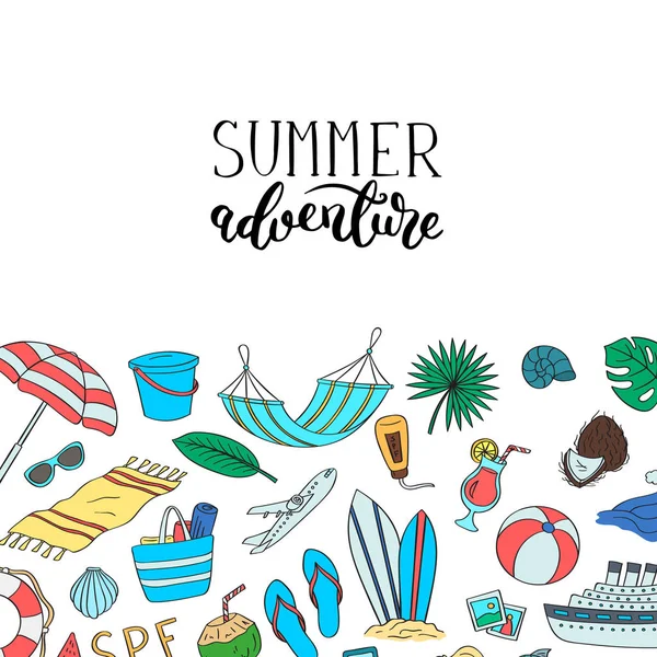 Ručně tažené barevné beach objekty. Vektor letní cestování doodle prvky pozadí s nápisy a místo pro text — Stockový vektor