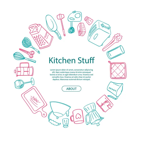 Utensílios de cozinha vetorial doodle ícones em forma de círculo com lugar para o texto na ilustração centro —  Vetores de Stock