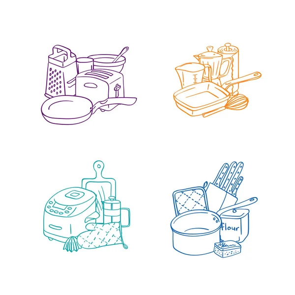 Vector utensilios de cocina doodle icono pilas conjunto aislado sobre fondo blanco — Vector de stock