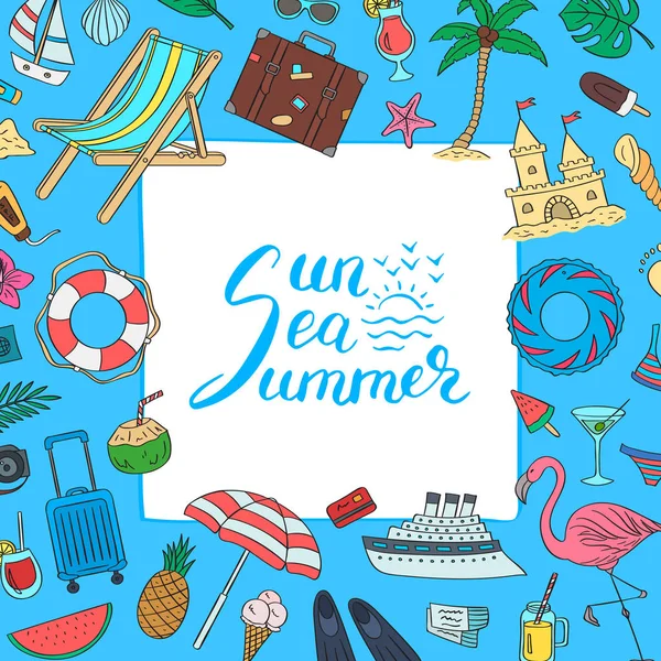 Objetos de playa dibujados a mano. Vector de viaje de verano doodle elementos de fondo con letras y lugar para el texto en el centro — Vector de stock