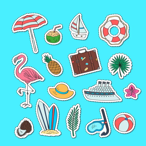Set di adesivi di oggetti da spiaggia colorati disegnati a mano. Illustrazione degli elementi scarabocchi di viaggio estivi vettoriali — Vettoriale Stock