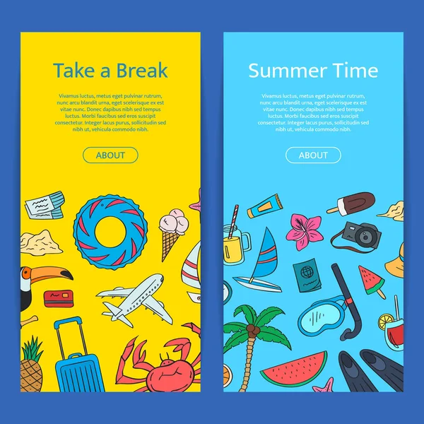 Ručně tažené barevné beach objekty vertikální webových bannerů. Vektor letní cestování doodle prvky ilustrace s místem pro text — Stockový vektor