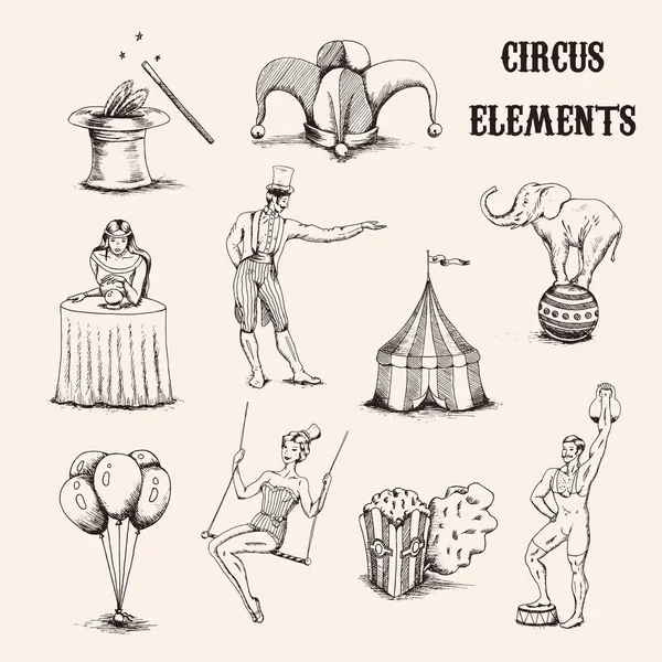 Conjunto de elementos de circo desenhados à mão vetorial. Acrobata, elefante, pipoca, balões, chapéu de cilindro e varinha mágica isolados sobre fundo branco ilustração — Vetor de Stock