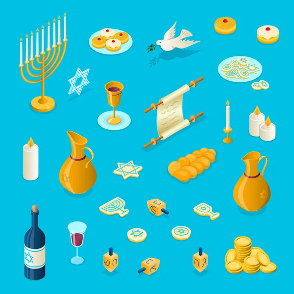 Ισομετρική 3D στοιχεία που έχουν οριστεί. Εβραϊκή γιορτή 3 διαστάσεων αντικείμενα. Μέναρα, ντρίιντελ, κανάτα, κεριά, ντόνατς, αστέρι του Δαβίδ απομονωμένο.. — Διανυσματικό Αρχείο