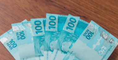 Brezilya 'dan gelen para. Real 'in notları, madeni paralar, Brezilya para birimi, Brezilya BRL. Tasarruf, maaş, ödeme ve fon kavramı.