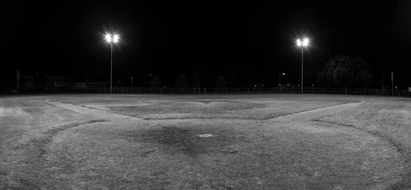 Foto Panoramica Notturna Campo Baseball Vuoto Notte Con Luci Accese — Foto Stock