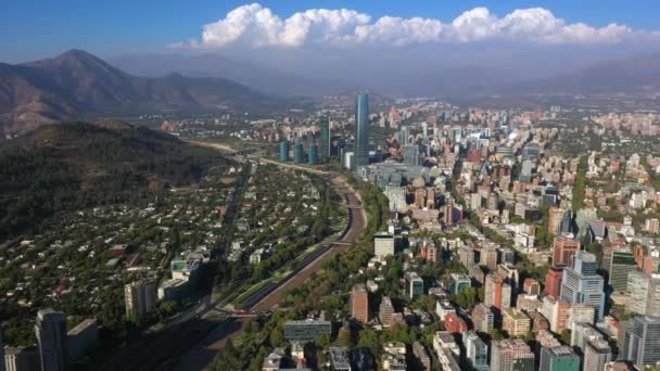 Aerial drone view of city downtown. Skyline Financial District in Providencia Neighborhood, Santiago de Chile — Stock Video