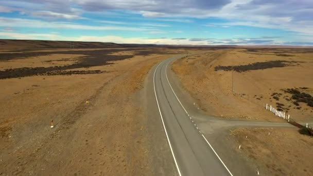 Patagonya, Arjantin Pampas içinde bozkır peyzaj yolun hava drone görünümü. — Stok video