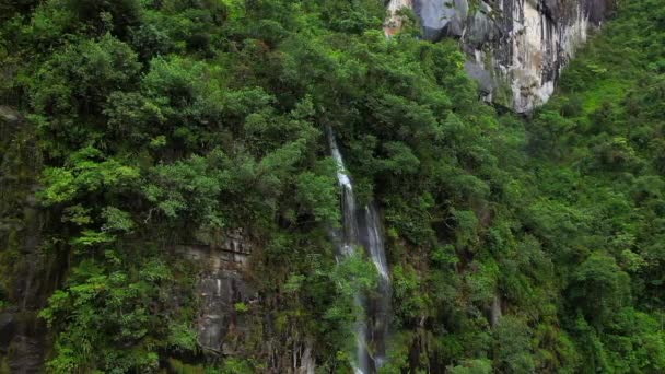 Воздушный беспилотник, летящий в замедленном движении над зеленым лесом вокруг скального водопада в горах Анд, Перу . — стоковое видео