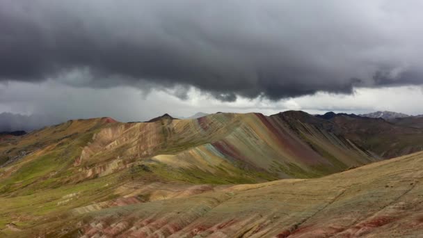 Aerial drone panoramic view of the rainbow colored mountain and huge Andes peaks of Peru, Latin America — Stock Video