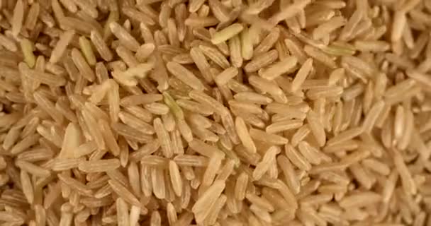 Arroz sin pulir de grano de arroz marrón que cae y gira en cámara lenta. Vista superior de cerca extrema, filmada con la cámara RED 6K — Vídeos de Stock