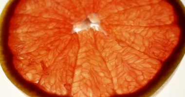 Greyfurt dilimi parlak beyaz bir arka plan üzerinde dönen. Yakından görünüm, Red 6k kamera da çekim