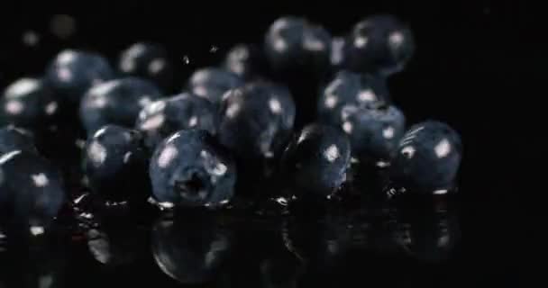 Nasse Blaubeeren fallen auf eine schwarze Oberfläche mit Wasserspritzern. Nahaufnahme, aufgenommen auf roter 6k-Kamera — Stockvideo