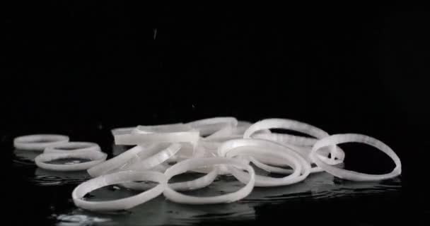 White onion rings falling on a black background slow motion. Close up view, shot on RED 6K camera — Stock Video