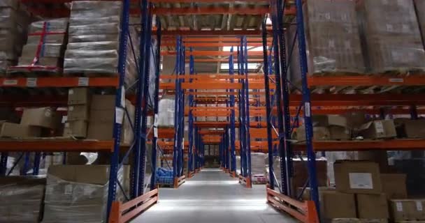 Kamera se pohybuje mezi policemi s palety a krabičky ve velkém moderním logistickém skladu. Záběr na 6k červený fotoaparát. — Stock video