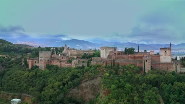Aerial drone view of The Alhambra ancient castle . Granada Spain. Summer, 2019 — Stock Video