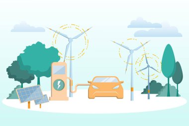 Şarj istasyonundaki elektrikli araba şarjının vektör düz çizimi. Yeşil enerji ve Sürdürülebilir Enerji Kavramı arkaplanı.