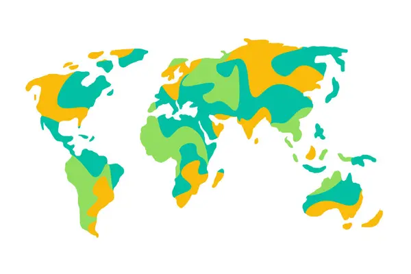 Vector Doodle Style World Map Green Turquoise Orange Colors Isolated — Stock Vector