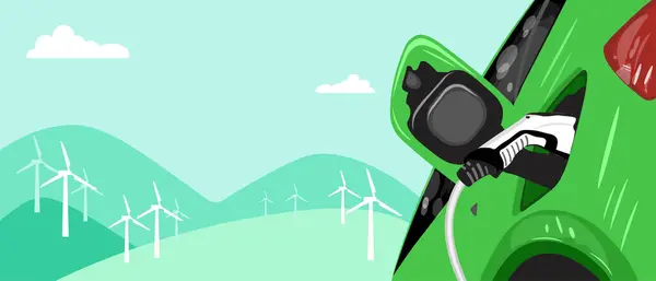 Şarj Istasyonunda Elektrikli Araba Şarjının Vektör Düz Çizimi Yeşil Tepelerde — Stok Vektör