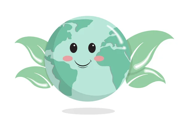 Vector Platte Stijl Cartoon Leuke Wereldbol Aarde Met Groene Bladeren — Stockvector