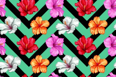 Vektör tropikal hibiscus Dikişsiz desen yaprak