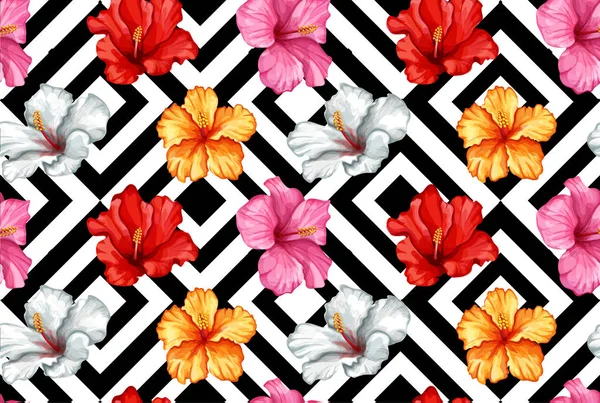 Vektör tropikal hibiscus Dikişsiz desen yaprak