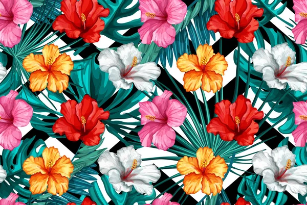 Vektör tropikal hibiscus Dikişsiz desen yaprak