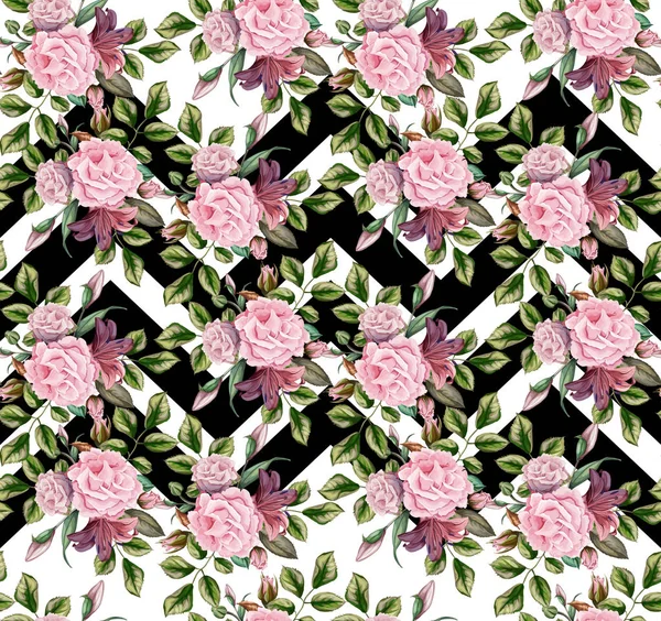 Vector rosa flor flor hoja patrón sin costura — Vector de stock