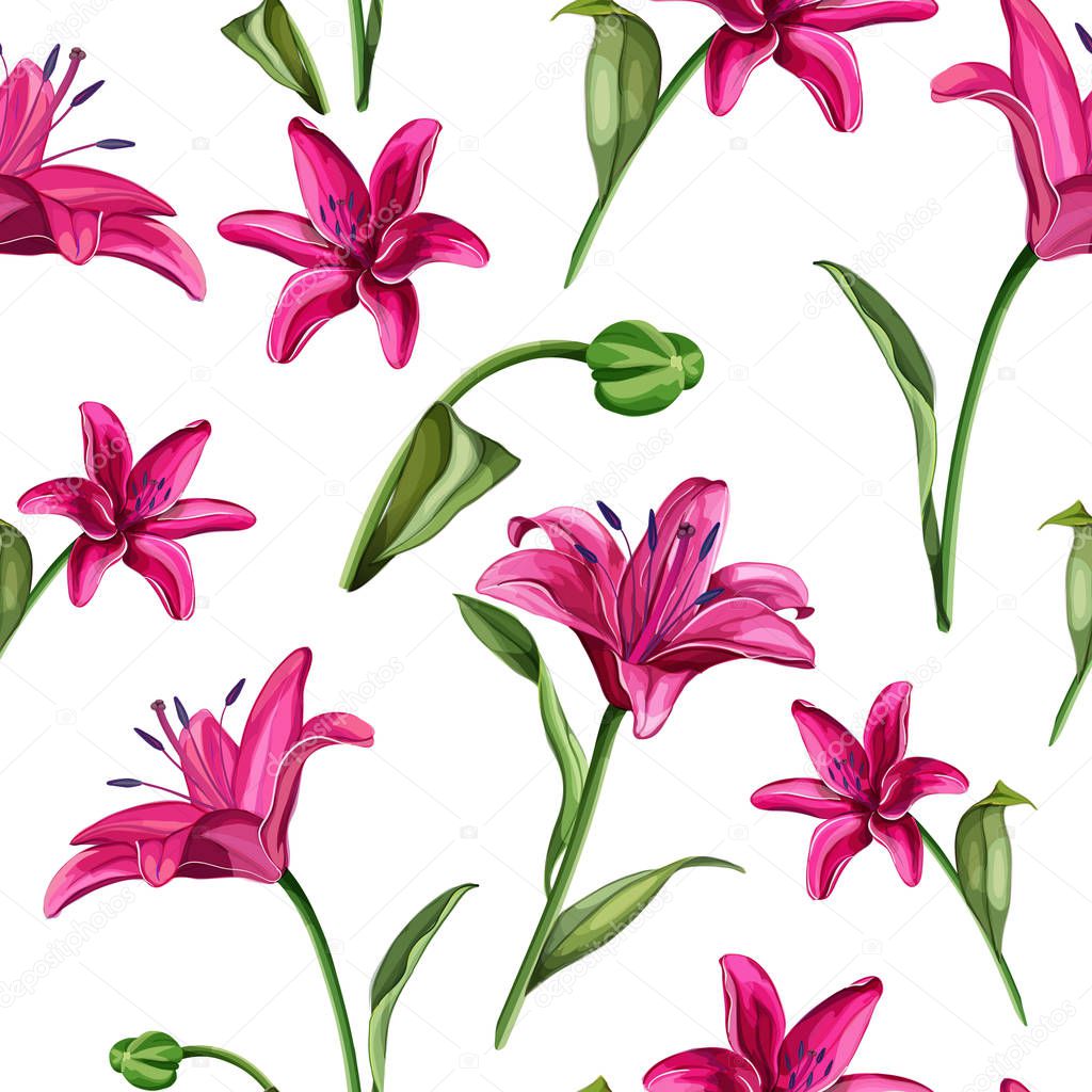 Vector realistic pink lily blossom leaves stem set