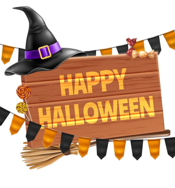 Vector happy halloween poster witch hat, broom — Stock Vector