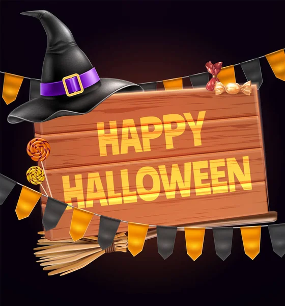 Vektor boldog halloween poszter boszorkány kalap, seprű — Stock Vector