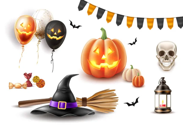 Vector halloween poster heks hoed, bezem ballon — Stockvector