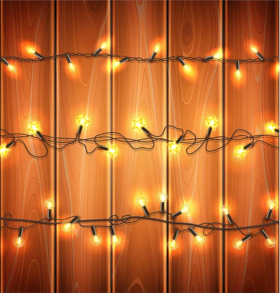 Vector christmas lights, realistic garland on wood — Stock Vector