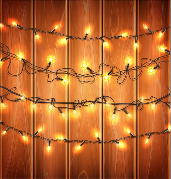 Vektör Noel ışıkları, ahşap üzerine gerçekçi garland