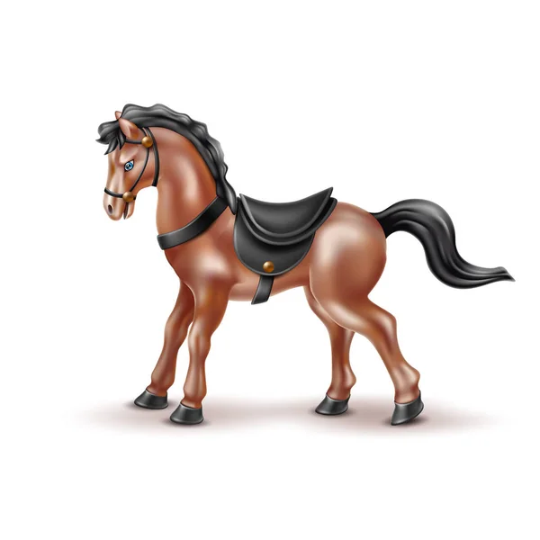 Векторная реалистичная лошадиная игрушка, кукла с черным седлом — стоковый вектор