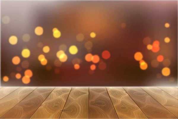 Vector wooden table on blurred bokeh lights — Stock Vector