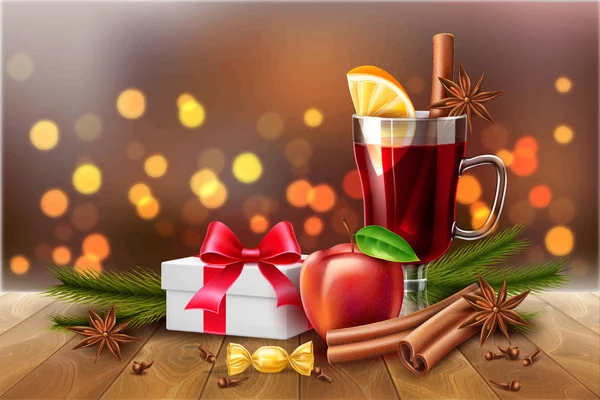 Poster de Noël vectoriel boîte cadeau de vin chaud — Image vectorielle